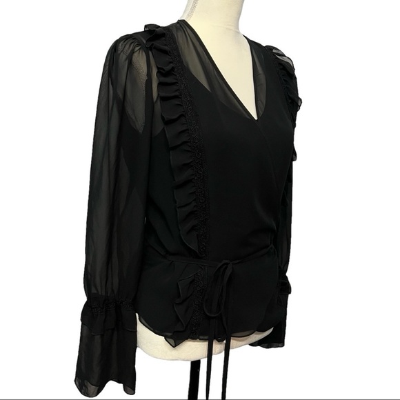 🍀LUCKY BRAND🍀 (EUC) VINTAGE BLACK SHEER WRAP AROUND TOP SIZE LARGE - Picture 2 of 11